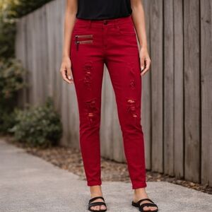 Y2K Red Distressed Skinny Jeans Zipper Detail Emo Alt Size 28